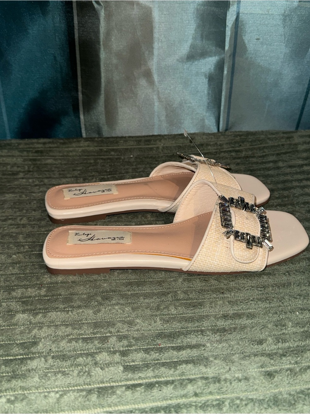 Vintage Havana Cream Woven Slide Sandals with Crystal Buckle